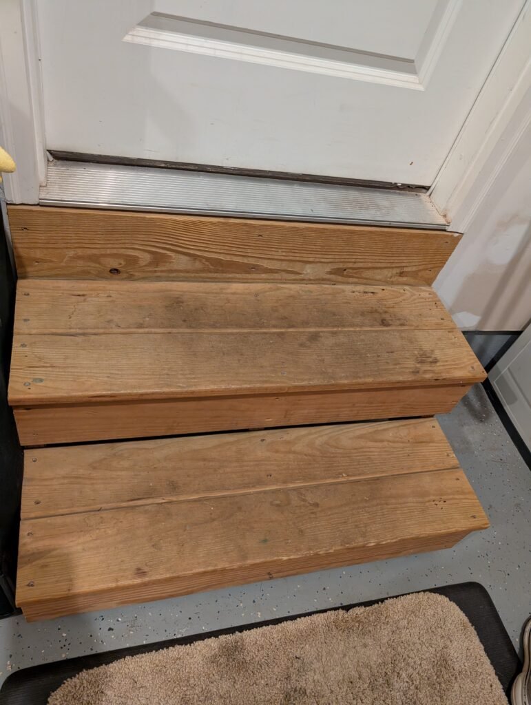 Slippery stairs without a hand rail.